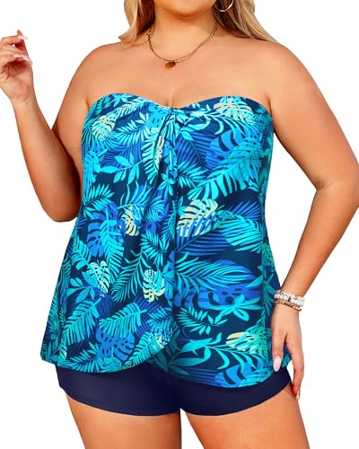 Image of Plus Size Bandeau Tankini 2 Piece Halter Swimsuit with Shorts | Flyaway,Quick Dry,Strapless,Removable Cups,High Waisted Short