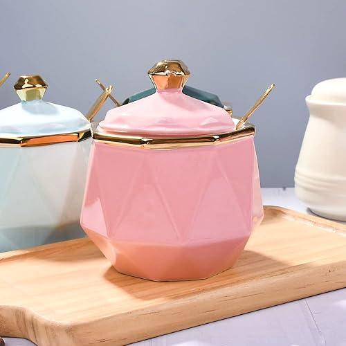 Miniatura 10 de Azucarero con tapa y cuchara, tazón de azúcar de cerámica, contenedor de azúcar multifunción para especias, tarro de sal, condimentos, tarro