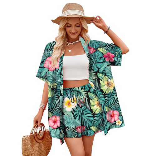 Joyesplay Camisa hawaiana y traje hawaiano para mujer, manga corta y pantalones cortos, Grün3, L