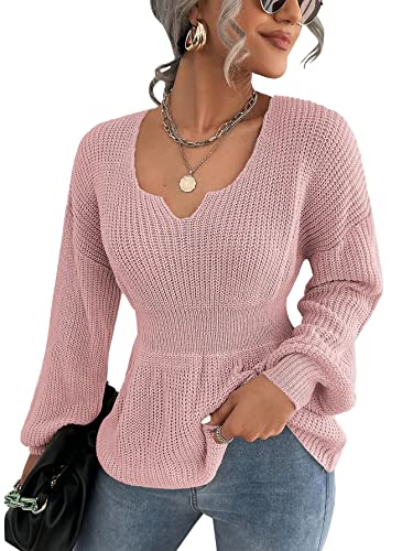 Image of Veatzaer Womens V Neck Sweaters Fall Trendy Casual Long Lantern Sleeve Ribbed Knit Pullover Sweater Tops