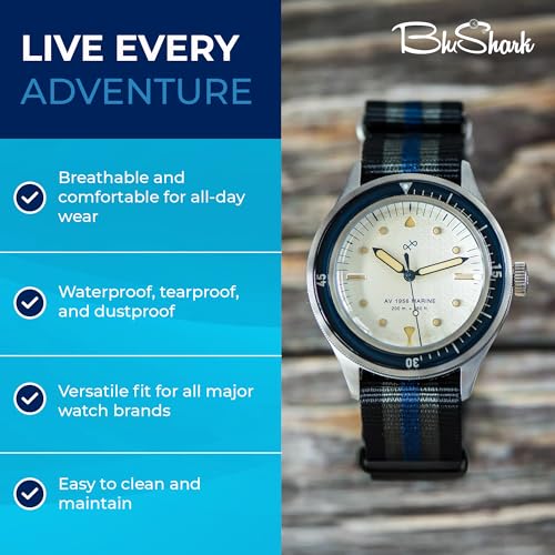 Image of BluShark - Original Collection Military-Style Waterproof Watch Strap, Fits All Timepiece Brands, Durable Nylon Wristwatch Accessories with Stainless Steel Buckle - 18mm, 20mm, 22mm & 24mm Watch Bands