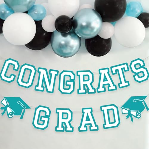 Image of Congrats Grad Banner Graduation Party Banner Decoration Hanging Garland High School College Backdrop Supplies Teal