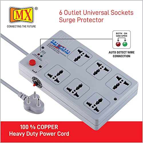 Image of MX Spike Protector Extension Board with 6 Universal Sockets 3 Meter Extension Cord 5 AMP Power Strip with Surge Protection and Master Switch for Home & Office Use