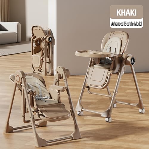 Image of Nine point nine Electric Bluetooth Smart PU Leather High Chair with Swinging Function, Baby High Chairs for Babies and Toddlers, Baby Feeding Chairs Seat, Removable Wheels, Double Tray (E8121 Khaki)