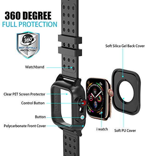 Image of Realproof Waterproof Case for Apple Watch Series SE | SE2 | 6 | 5 | 4 44MM with 3PCS Premium Soft Silicone Band, Dropproof Shockproof Resistant Rugged Protective iWatch Case Bulit-in Screen Protector