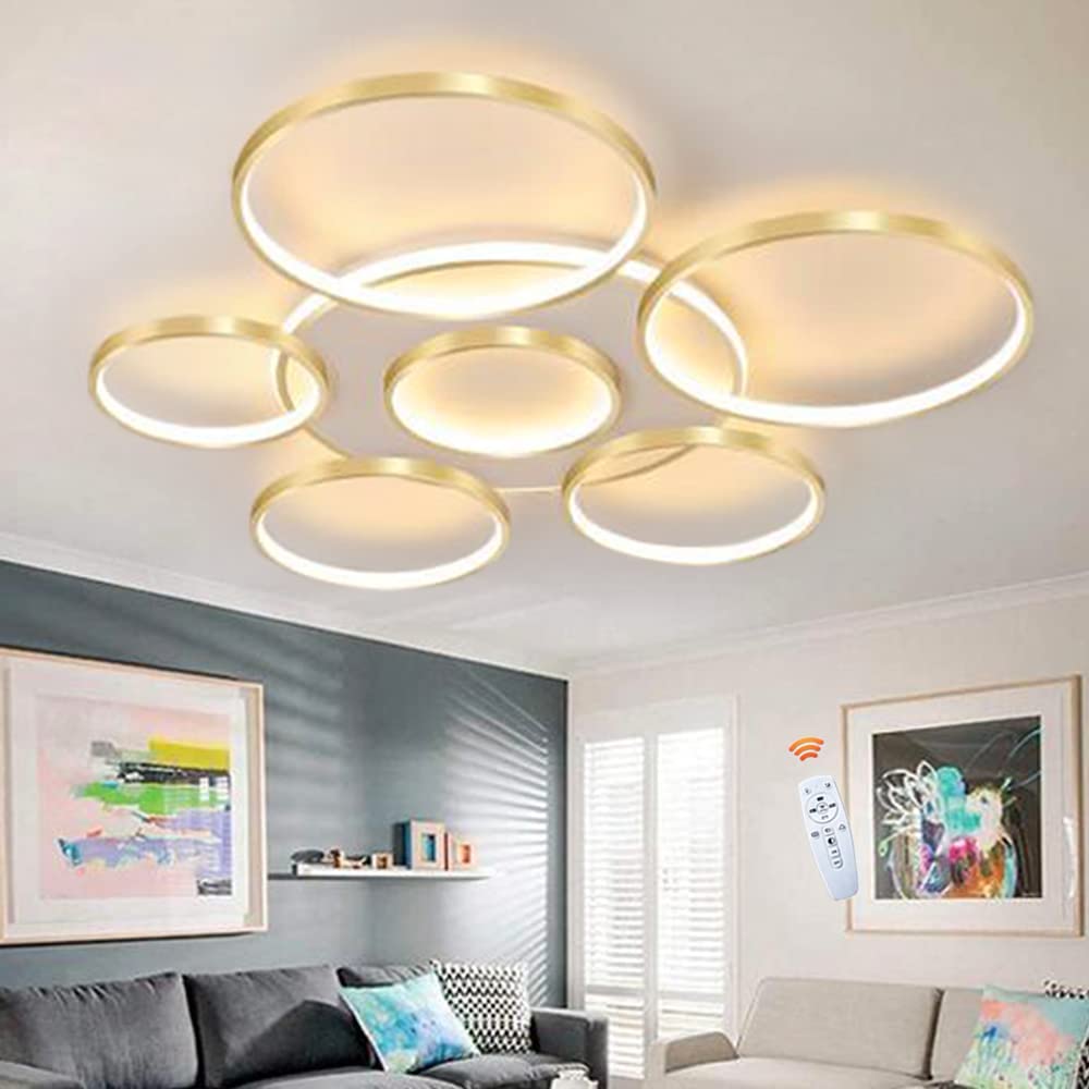 LED Ceiling Light Dimmable Living Room Lamp with Remote Control Modern Round Ceiling Lamp 7 Rings Acrylic Shade Adjustable Light Color Brightness Bedroom Restaurant Dining Room Chandelier,Gold,110cm