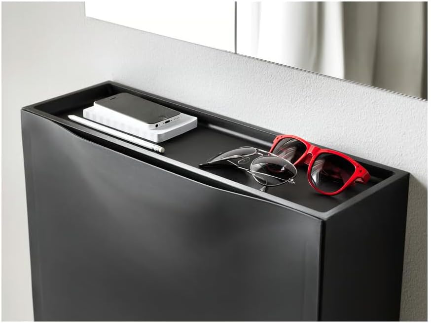 Wall-Mounted Shoe Storage Cabinet with 2 Compartments, Space Saving Design, Entryway Organizer, Black, 20.5x7.1x15.4 Inches