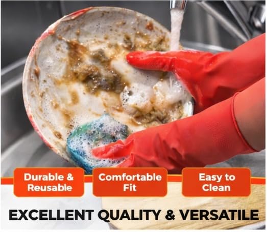 Image of LADWA Premium Rubber Household Cleaning Gloves, Red Color Reusable Waterproof Gloves for Kitchen Cleaning, Dishwashing, Gardening and Bathroom Use with Durable Material (Pack of 1 Pair)