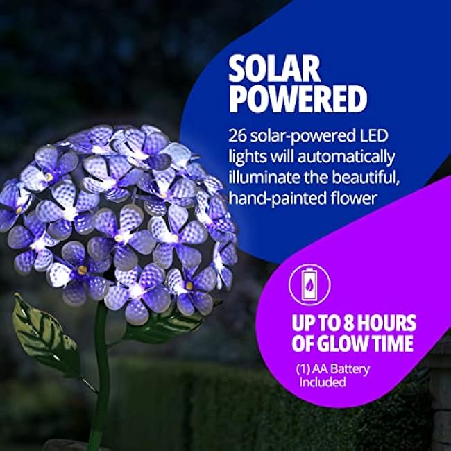 Exhart Garden Solar Lights, Decorative Hydrangea Flower Garden Stake, 26 LEDs, Cute Metal Outdoor Decoration, Purple, 7 x 21.5 Inch
