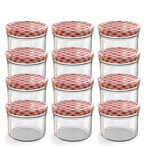 Oputec 12 x 230 ml Einmachgläser mit Schraubdeckel rot kariert – Perfekt für Marmeladen, Konfitüren und mehr, kleine Gläser mit Deckel, ideal als Mini-Marmeladengläser und Schraubgläser