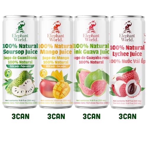 Image of ELEPHANT WORLD 100% Natural Juices | Assorted Superfruits | Soursop-Mango-Guava-Lychee | NO Sugar added | NOT From Concentrate | NON GMO | 12 Pack, 320 ML Each