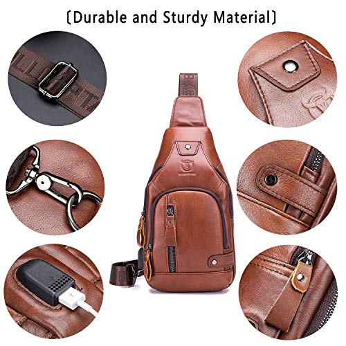 Bullcaptain Leather Sling Bag Mens Chest Bag Casual Shoulder Crossbody Bags Travel Hiking Backpacks Daypack With Usb Charging Port (Brown) #TOP3