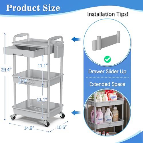 Image of SUNALLY 3 Tier Rolling Cart with Drawer, Bathroom Storage Organizer with 2 Lockable Wheels, Multifunctional Rolling Storage Cart for Bathroom, Kitchen, Office, Craft, Makeup, Baby Essentials, Gray
