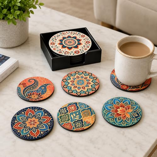 Image of Zesta Coasters for Cups Set of 6 / Wooden Coasters for Bar Accessories for Home /Tea Coaster Set of 6 / Waterproof Dining Table Decor Glass Cover (Mandala, Circle)