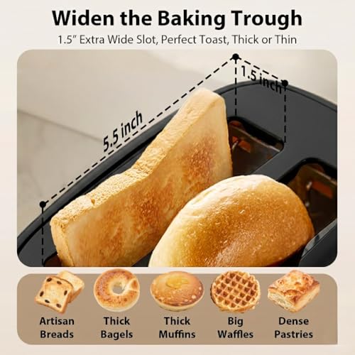 Image of LONGDEEM 2 Slice Toaster White - 1.5 inch Extra Wide Slot Stainless Steel Toasters with High Lift Lever, 6 Browning Settings, Bagel /Defrost /Cancel - Compact Bread Toaster for Kitchen Countertop