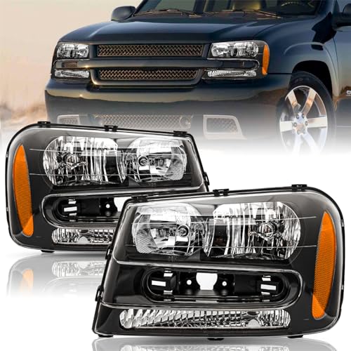 TUSDAR For [Full Length Grill Bar Type] 2002-2009 Chevy Trailblazer Headlights Assembly Pair Set Replacement Front Lamps Driver & Passenger Side NOT FIT 06-09 LT Type