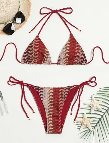 Image of ZAFUL 2 Piece Triangle Bikini for Women Knitted Rope Halter Bikini Sets Sexy Bathing Suit Side Tie Swimsuits Beachwear