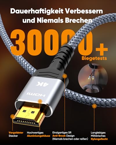 5. Bild von SNOWKIDS 4K HDMI Kabel 2Meter,HDMI-Kabel 4K@60Hz Nylon Geflecht Vergoldete Anschlüsse mit Ethernet/Audio Rückkanal, Kompatibel mit HDTV/Laptop/Blu-ray/Soundbar/Monitor/PS-5/X-box 2m