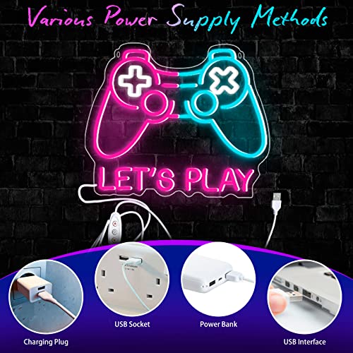 Image of Lingqiang Gaming Neon Sign, Lets Play Game Led Sign for Boys Gamer Room Decor, Video Game Controller Light Game Zone Bedroom Wall Gamepad Shape Kids Teen Gift, Ice Blue Pink - Game Controller