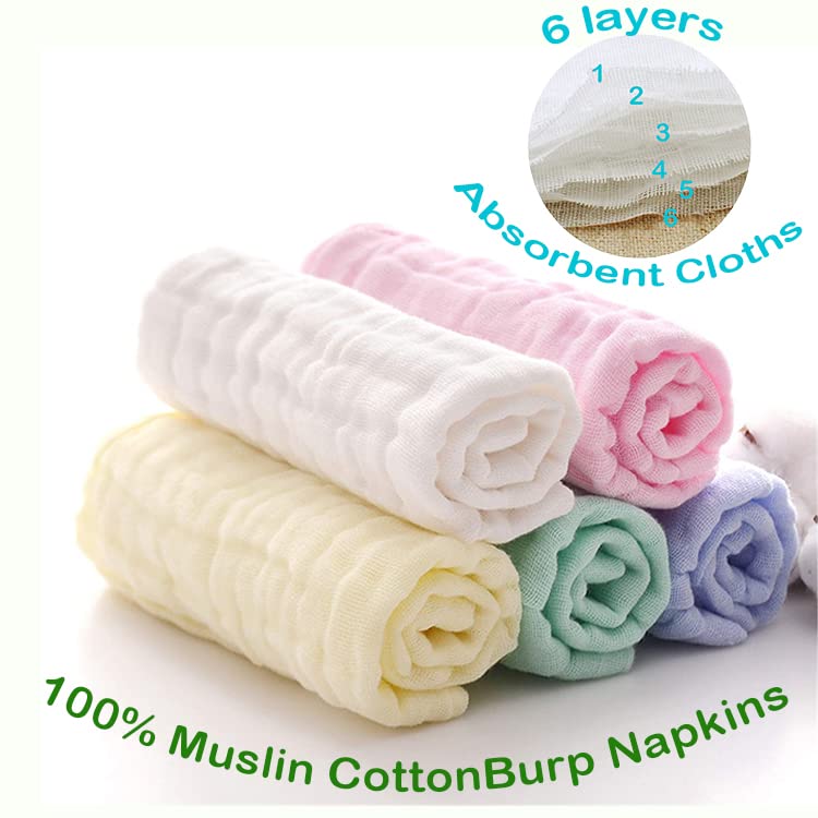 Muslin Baby Burp Cloths, 100% Muslin Cotton Burp Napkins for Newborn Girls and Boys, Absorbent Soft Muslin Baby Burping Rags 10' by 20', 6 Layers Infant Feeding Wipes (Multicolored, Pack of 5).2