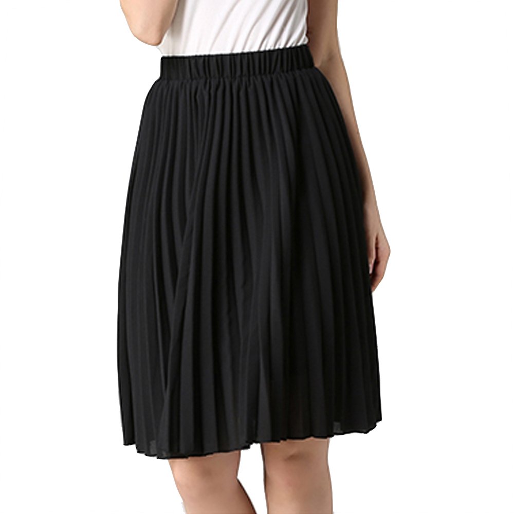 Womens Pleated Skirt Knee Length High Waist A-line Midi Skirts Elasic Waist Skater Falred Solid Dress