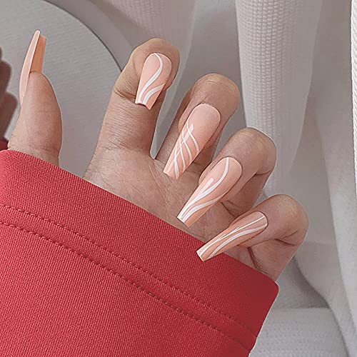 Vaveah 24 Pcs Press on Nails Coffin for Women, Extra Long Fake Nails Glue on Nails, False Nails with Glue (Salmon Swirl) - Thumbnail 2