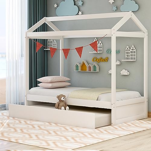 Bellemave Twin House Bed with Trundle, Montessori House Bed with Roof Design, Wood Daybed Frame for Kids, Boys, Girls, Sturdy Wooden Frame, No Box Spring Needed?Antique White