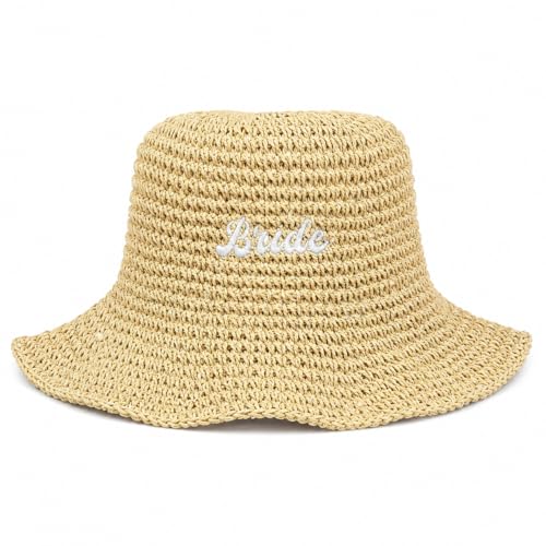 Bride Straw Bucket Hat Bridal Hat Beach Bachelorette Accessory Party Headwear Decorations Wedding Beige Honeymoon Gifts (Beige)