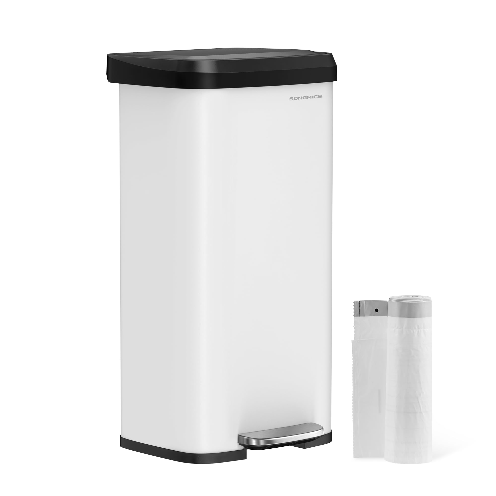 SONGMICS Mülleimer Küche, 68 Liter Abfalleimer, Tretmülleimer aus Metall, mit Deckel, hoch, schmal und geräumig, weiß-schwarz LTB520W6802