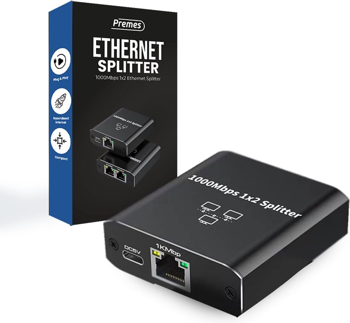 rozdzielacz Internetu, 2 porty, do 1000 Mb/s, od 1 do 2, LAN, UTP, RJ45, rozdzielacz sieci, rozdzielacz UTP, rozdzielacz Ethernet, przełącznik Ethernet, przełącznik sieciowy
