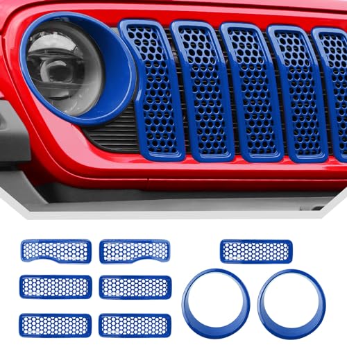Image of JeCar Mesh Grill Inserts & Headlight Covers Fit for 2024+ Jeep Wrangler JL Grill Covers Trim Accessories (9pcs Blue)