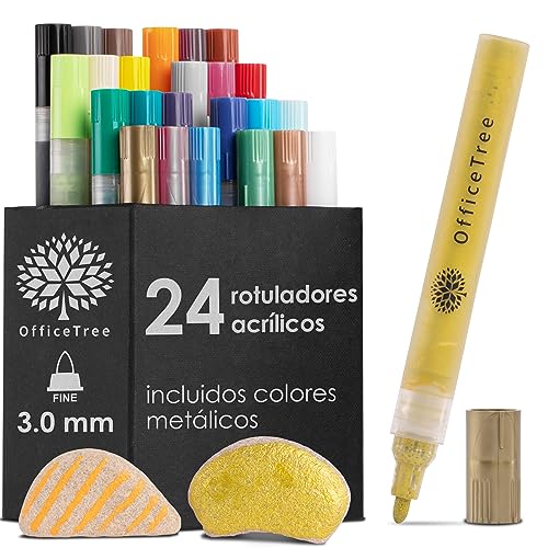 OfficeTree 24 marcadores acrílicos - rotuladores acrílicos con 5 colores metálicos - rotuladores acrílicos para pintar piedras, resistentes al agua - colores acrílicos para niños, manitas y artistas