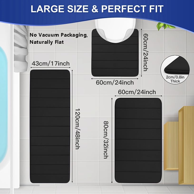Memory Foam Bathroom Rugs Sets 3 Piece │ Extra Thick Soft Absorbent Non Slip Upgraded │Washable Toilet Bath Mat Shower Carpet for Bedroom, Living Room (Black, U Shape 24” X 24”+24” X 32”+17” X 48”) - Image 6