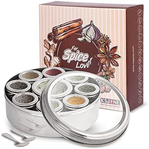 KSJONE Large Spice Container Masala Dabba With 9 Compartments, Masala Box, Spice Container Box,Stainless Steel Spice Box Indian Masala Dabba with Transparent Lid, 22cm Cover