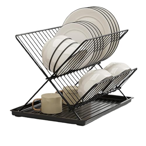 Niesel Escurridor de platos plegable, 2 niveles, acero al carbono/acero inoxidable, bandeja de recogida de agua desmontable, escurridor de platos para cubiertos, platos, tazas