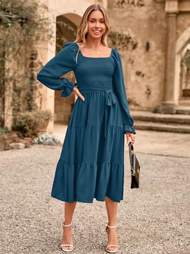 Image of Simplee Womens Long Sleeve Maxi Dress Casual Square Neck Smocked Flowy Fall Wedding Guest Dresses