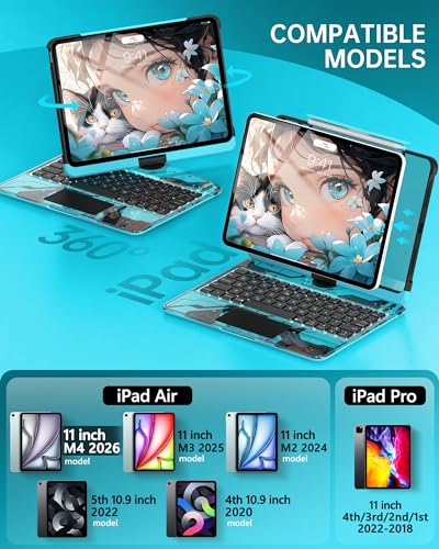 Image of Intermerge Transparent Case with Keyboard for iPad Air 11 inch(M4 / M3 / M2, 2026 /2025 / 2024), Air 5th /4th, Pro 11 inch 2022-2018, 360 Swivel Multi-Touch Trackpad, 7-Color Backlit, Pencil Holder, Aqua Pulse