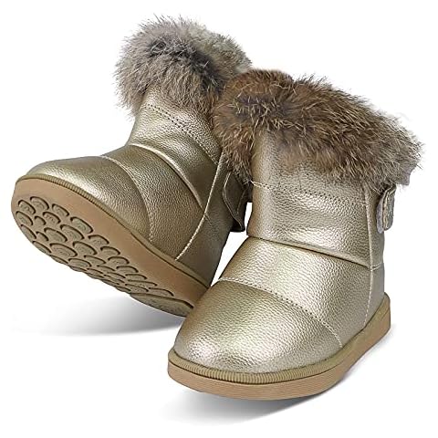 WYSFLY Toddler Girls Snow Boots Kids Faux Fur Lined Boots Winter Outdoor Flats Shoes Warm Ankle Boots For Little Kid Gold 5UK Child Cover