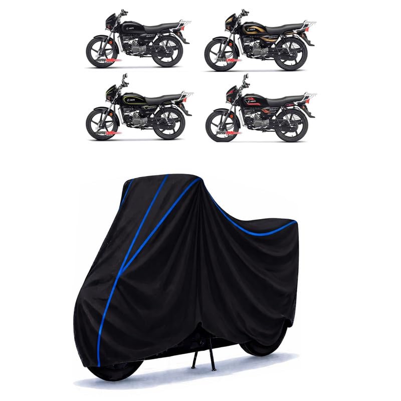 Image of Hero Splendor Plus i3s Bike Cover Water Resistant Universal Motorcycle Rain | Heavy Duty UV Protection, Dust, Scratch Indoor Outdoor All Weather with Black Blue Piping Elastic