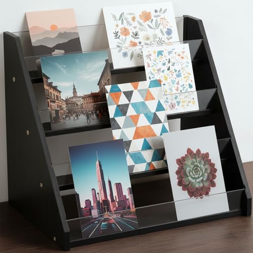 PEEXTBB 4 Stöckiger Präsentationsständer Für Grußkarten Vitrine, Bambus Acryl Postkartenständer, Multifunktional Grußkarten Präsentationsständer, Theke Einzelhandels Bookcase, Schwarz