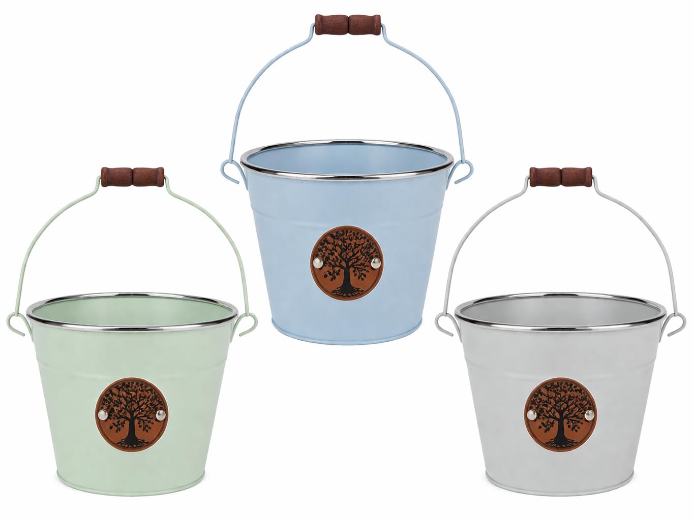 Quickdraw Metal Plant Pot Bucket Planter with Handle - Tree of Life Herb Flower Pot Indoor Outdoor Garden Planter Steel 16cm - Green, Blue or Grey (Set of 3)