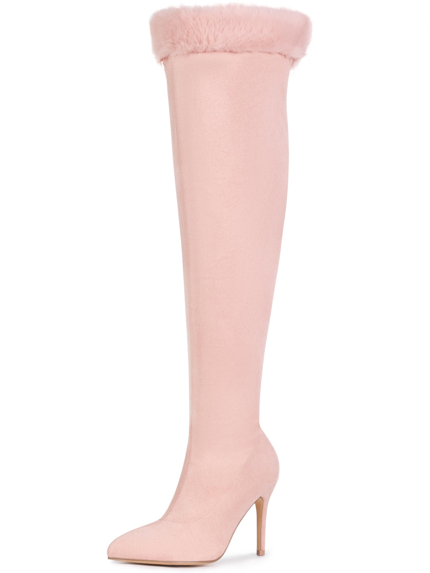 Perphy Faux Fur Boots Pointed Toe Thigh High Boots for Women