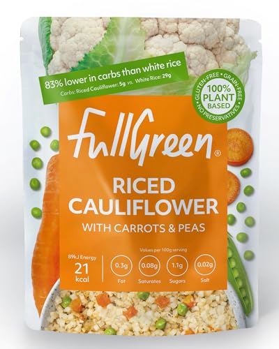Fullgreen Riced Cauliflower with Carrots & Peas - Case of 6. 100% Veg shelf-stable no preservatives vegan keto and 87% lower-carbs than rice! Made in the UK