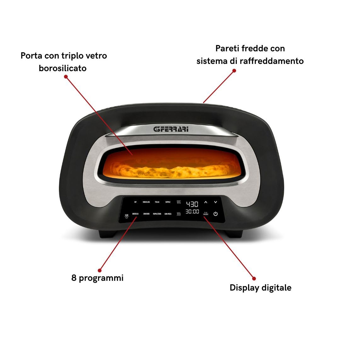 G3 Ferrari G10186 Pronto Pizza 2 Minuti Pizzaofen 1700 W 430 °C feuerfester Stein Digitaldisplay 8 Programme Schwarz