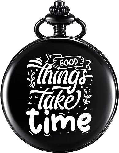 Image of Vintage Gandhi Style Pocket Watch with Engraved Designs & Messages Royal Black Analog for Men Women & Kids Includes Key Ring for car or Bike Keys Ideal Gift