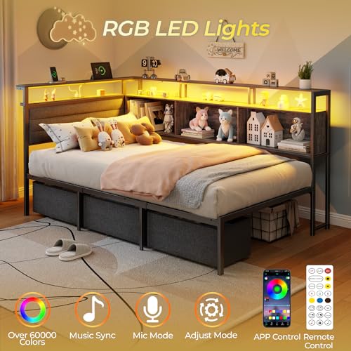 Image of OURPIC Twin Corner Bed Frame with Upholstered headboard,3 Storage Drawers | RGB LED lights 60k colors, 1USB+1TypeC+2AC charging, Space-saving, Holds 800 lbs, No box spring needed, Easy assembly, Grey