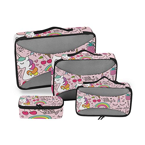 ZZAEO Cute Drawings Unicorn Flamingo Travel Organizer Packing Cube Set of 4 Pcs, Luggage Organizer Suitcase Storage Bag for Travel Business Camping Hiking Accessory