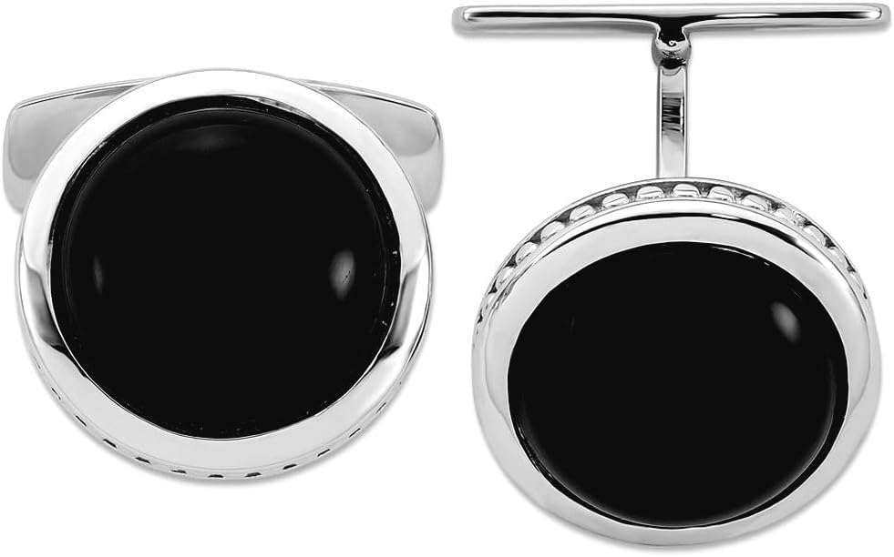 16.7mm 925 Sterling Silver Rhodium Plated Polished Round Black Simulated Onyx Cuff Links Cuff Link for Men