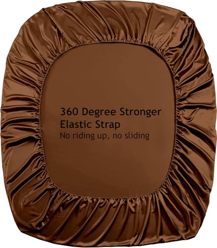 Image of Soft and Silk Satin Fitted Bedsheet for Single Size 36X75 +12 in - Elastic Fitted Sheet 400 TC Hotel Collection for Bedroom | Fitted Sheet with Pillow Cover - Brown, Single Bed