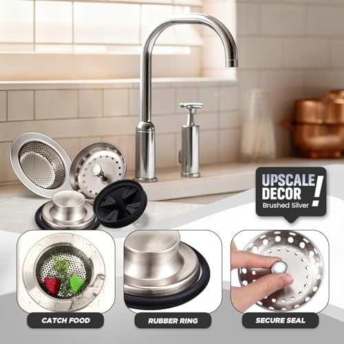 Image of 4 Pcs Brushed Silver Kitchen Sink Accessories Garbage Disposal Splash Guards 3.4'' Sink Drain Strainer and Stopper Stainless Steel Garbage Disposal Plug for Kitchen Drain Strainer